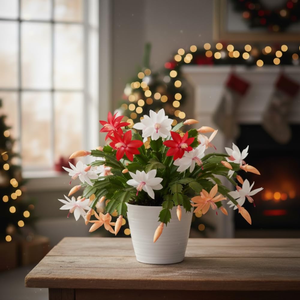 Christmas Cactus Plant, Thanksgiving Cactus in 4” Pot, Colorful Holiday Blooms, Indoor Gardens Growing (Random Color Christmas Cactus)