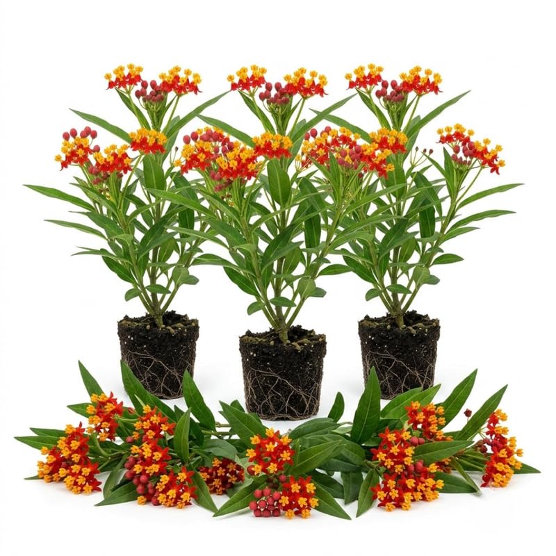 3 Milkweed Plant Live, Asclepias Tuberosa Butterfly Bush, 4-8"