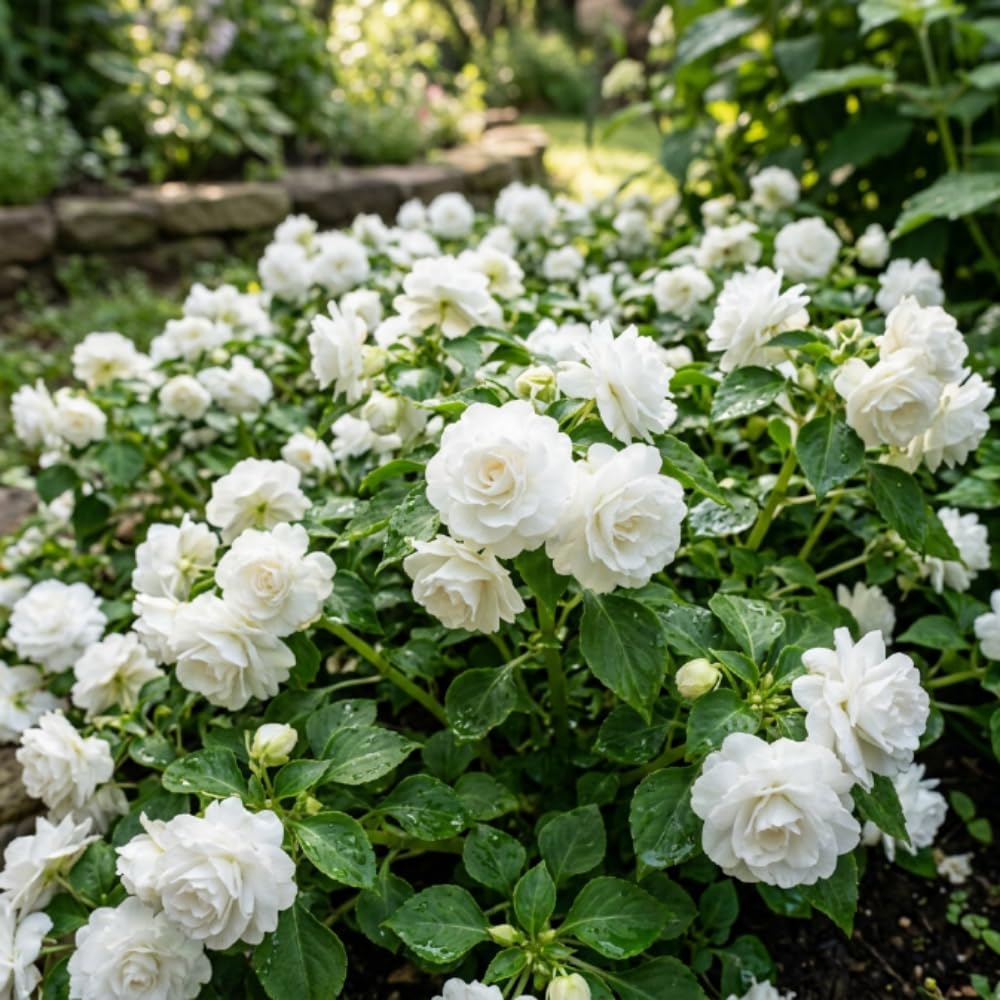 Impatiens Plant Live, White Double Impatiens Plant, 4-8 Inches Tall, Vibrant Perennial Flowers for Containers, Hanging Baskets and Garden Borders