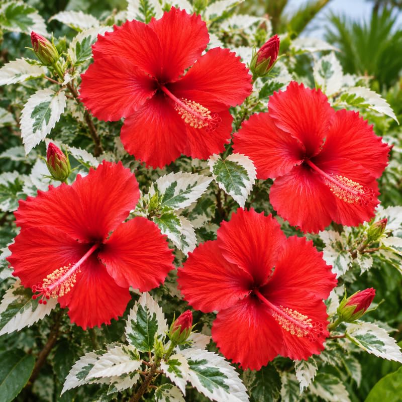 3 Hardy Hibiscus Live Plants, Flowering Shrub, Variegated Red Blooms, 4-7"