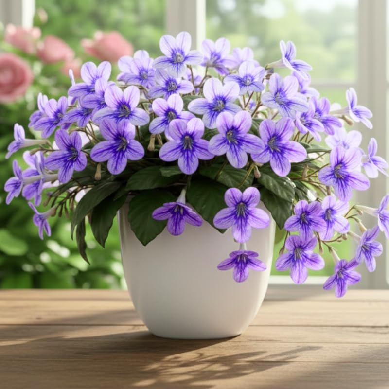 Streptocarpus Live Plant in 3.25" Pot, 5-8" False African Violet Ladyslipper Primose Plant for Spring Planting, Indoor Outdoor Home Décor (Blue White)