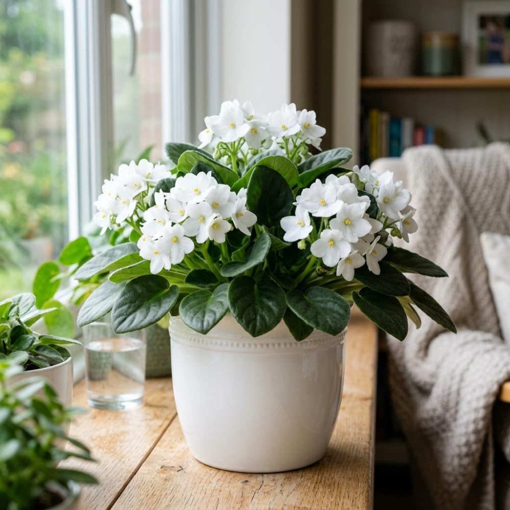 African Violets Live Plant, White African Violet Plant, 3-5 Inches Tall, Vibrant Blooms, Easy Care Indoor Flowering Plants for Home and Office Decoration