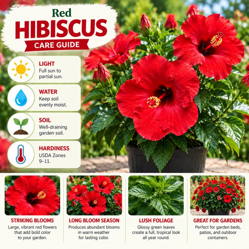 3 Hardy Hibiscus Live Plants, Flowering Shrub, Red Blooms, 4-7"