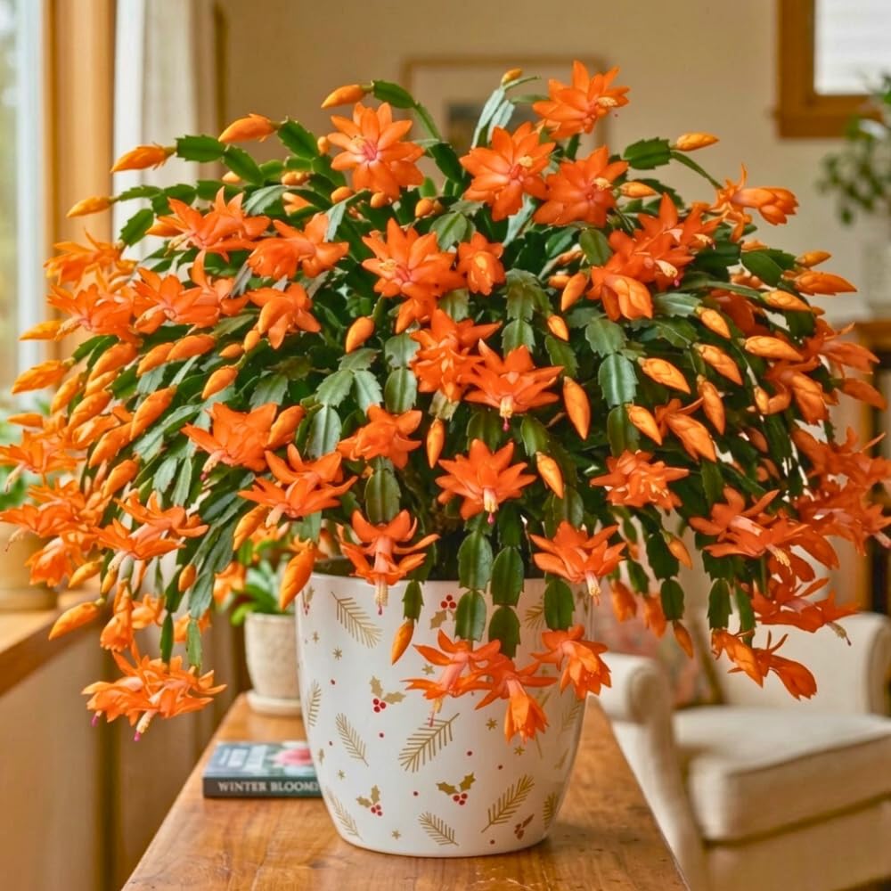 2 Orange Christmas Cactus Live Plants, Easy Care Houseplant, 4-7'' Tall