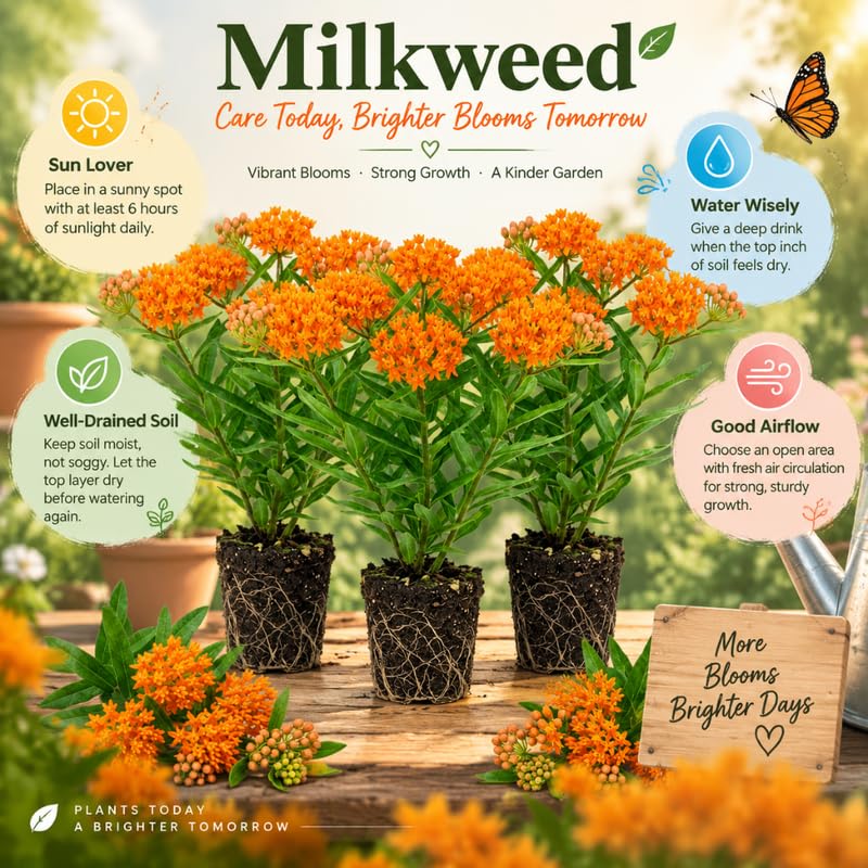 3 Orange Milkweed Plant Live, Asclepias Tuberosa Butterfly Bush, 4-8"