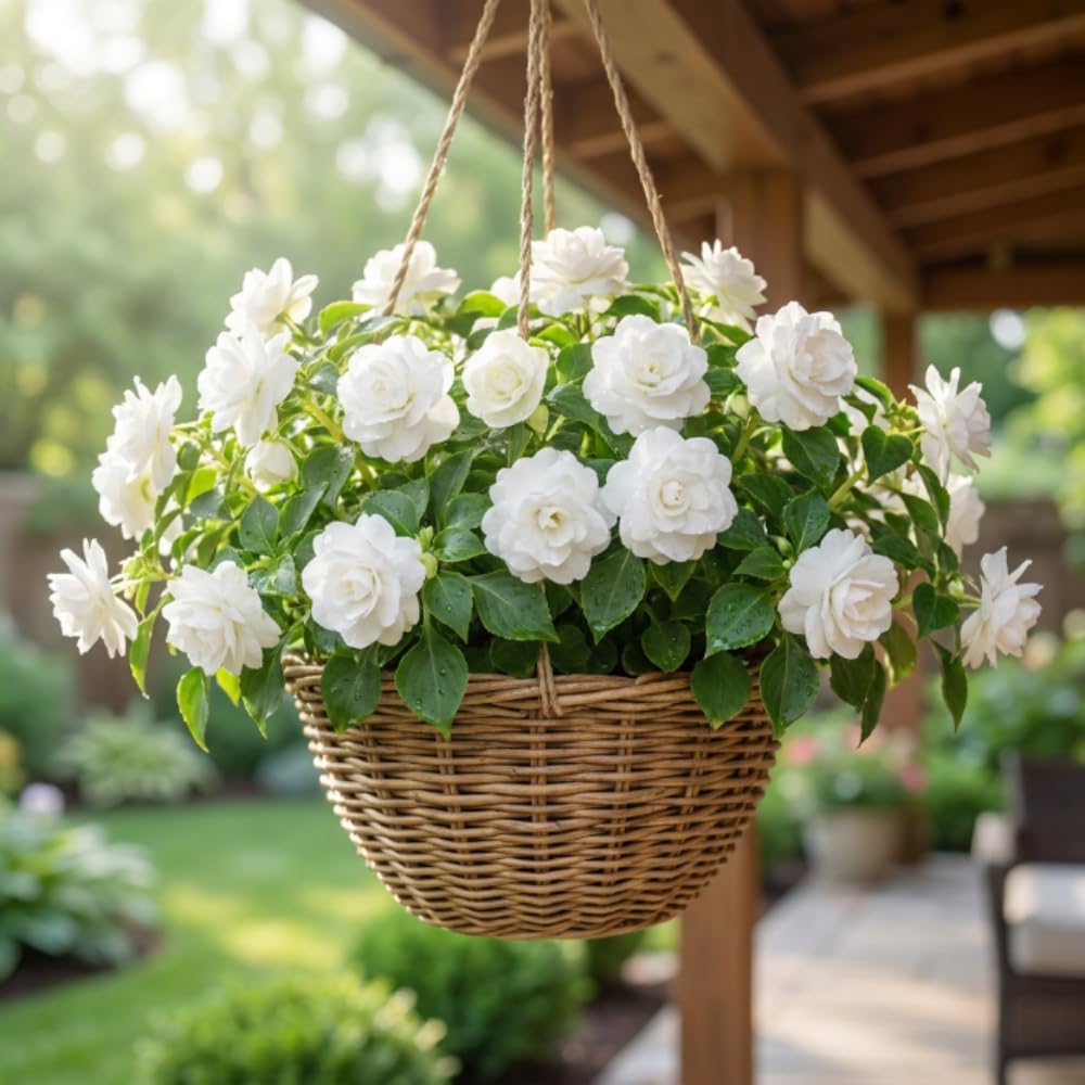 Impatiens Plant Live, White Double Impatiens Plant, 4-8 Inches Tall, Vibrant Perennial Flowers for Containers, Hanging Baskets and Garden Borders