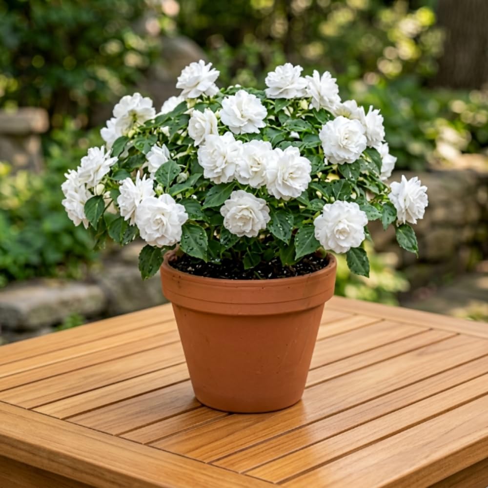 Impatiens Plant Live, White Double Impatiens Plant, 4-8 Inches Tall, Vibrant Perennial Flowers for Containers, Hanging Baskets and Garden Borders