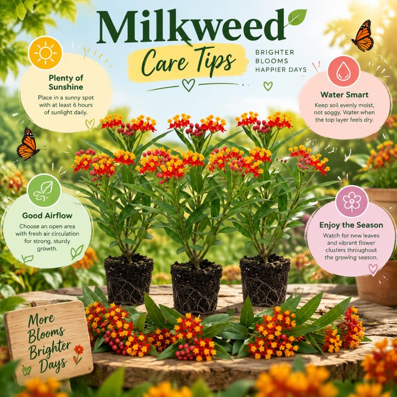 3 Red Milkweed Plant Live, Asclepias Tuberosa Butterfly Bush, 4-8"