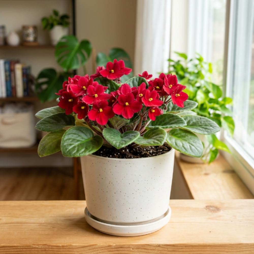 African Violets Live Plant, Red African Violet Plant, 3-5 Inches Tall, Vibrant Blooms, Easy Care Indoor Flowering Plants for Home and Office Decoration