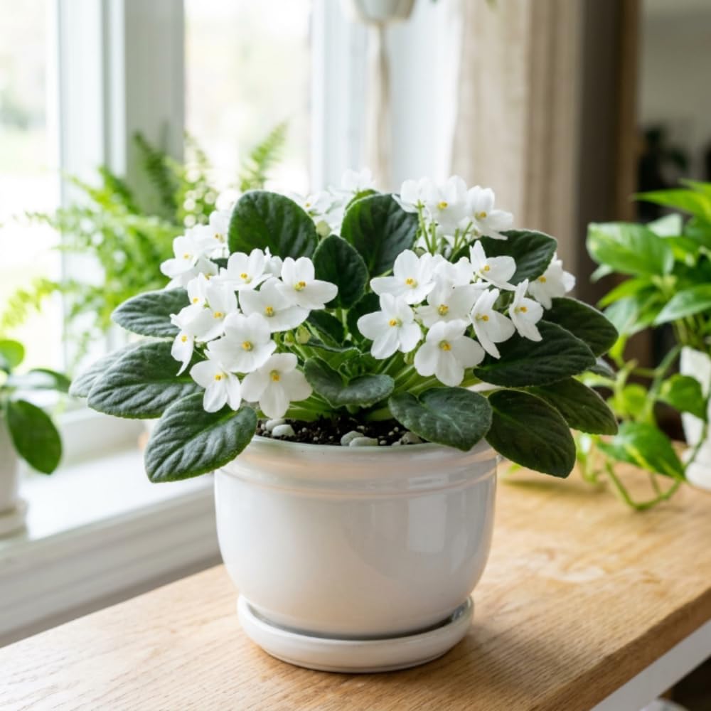 African Violets Live Plant, White African Violet Plant, 3-5 Inches Tall, Vibrant Blooms, Easy Care Indoor Flowering Plants for Home and Office Decoration