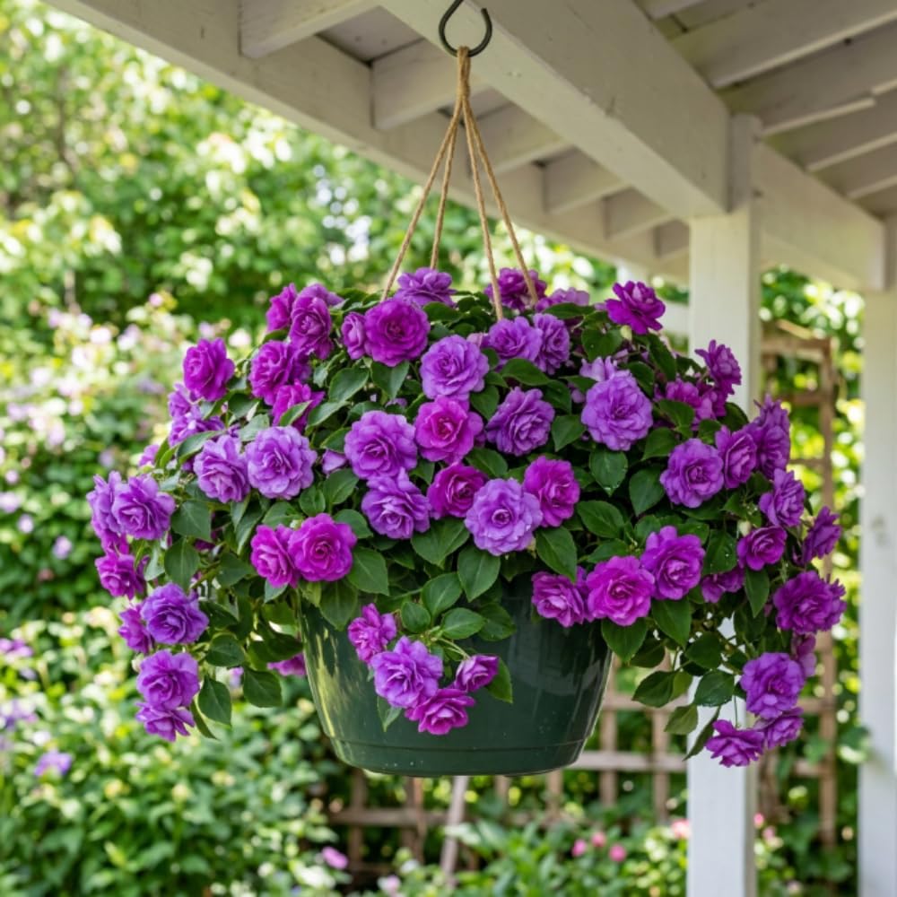 Impatiens Plant Live, Purple Double Impatiens Plant, 4-8 Inches Tall, Vibrant Perennial Flowers for Containers, Hanging Baskets and Garden Borders
