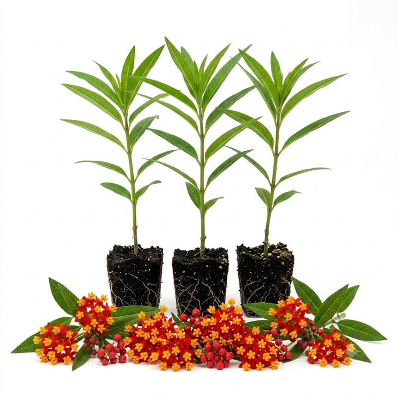 3 Red Milkweed Plant Live, Asclepias Tuberosa Butterfly Bush, 4-8"