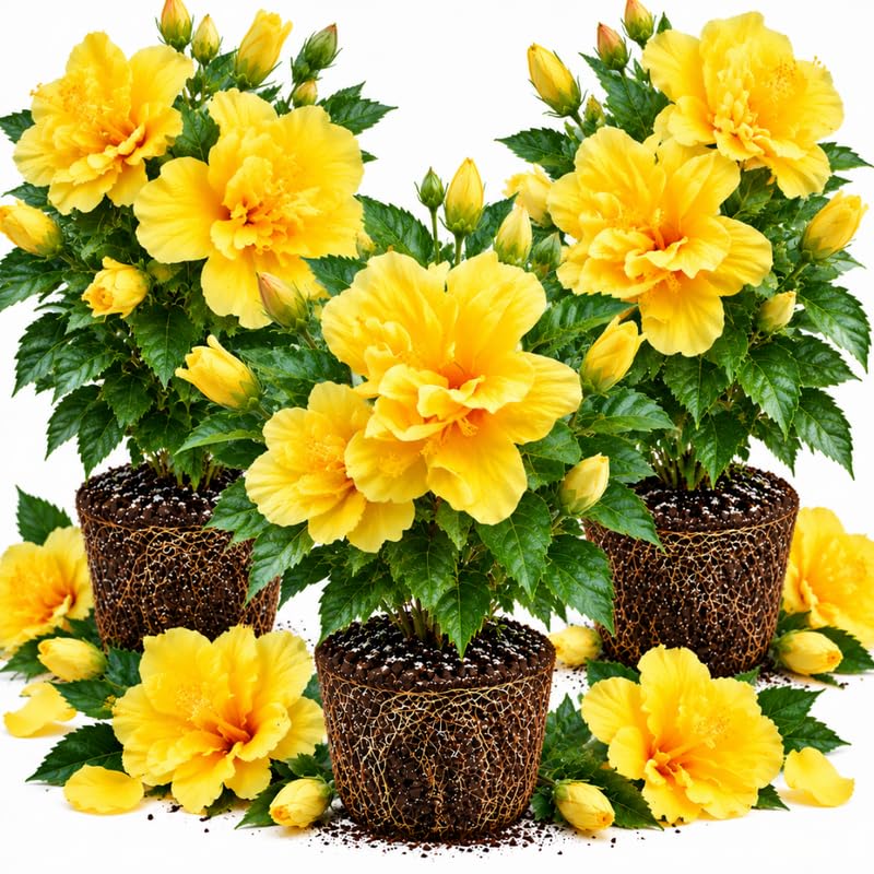 3 Hardy Hibiscus Live Plants, Flowering Shrub, Double Yellow Blooms, 4-7"