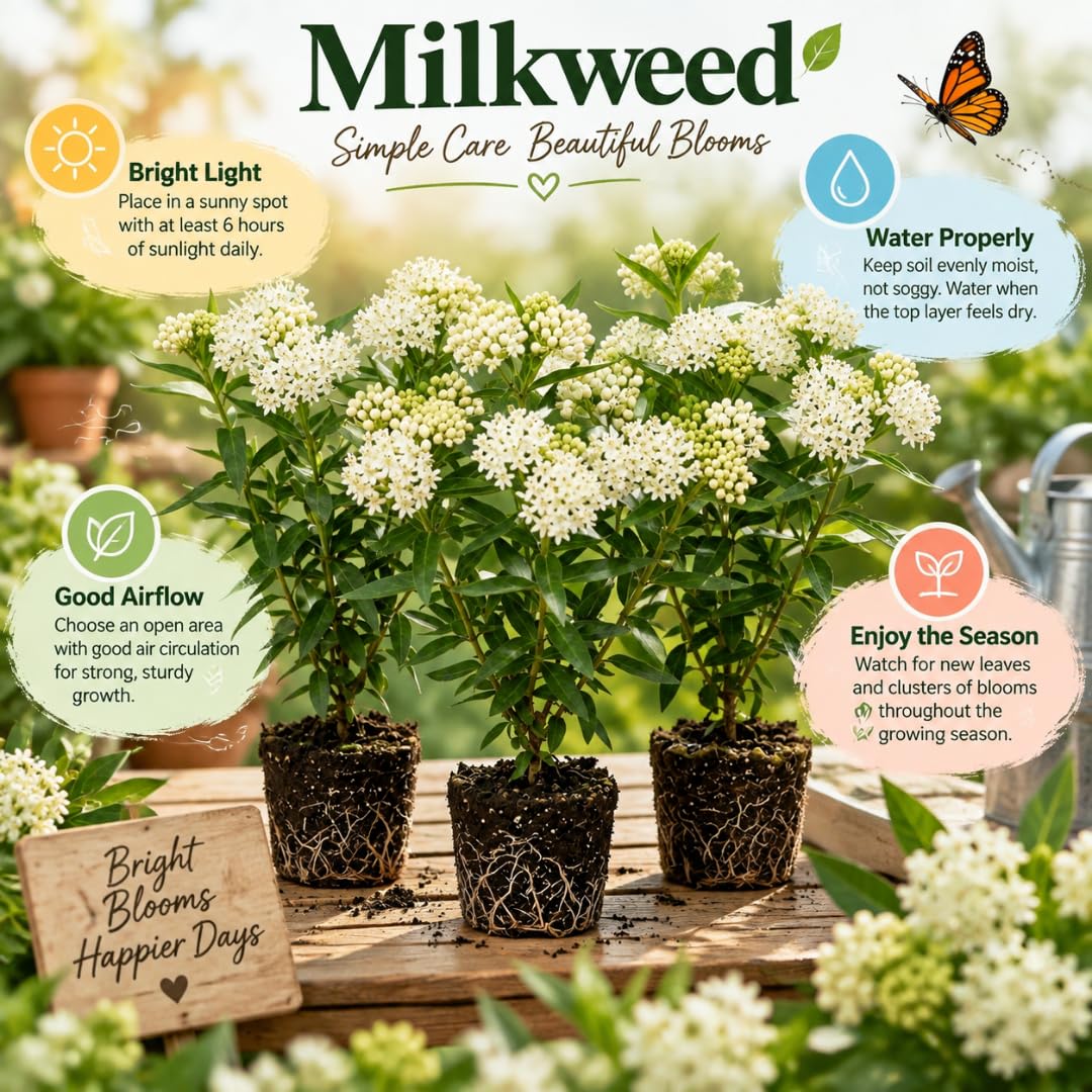 3 Light White Milkweed Plant Live, Asclepias Tuberosa Butterfly Bush, 4-8"