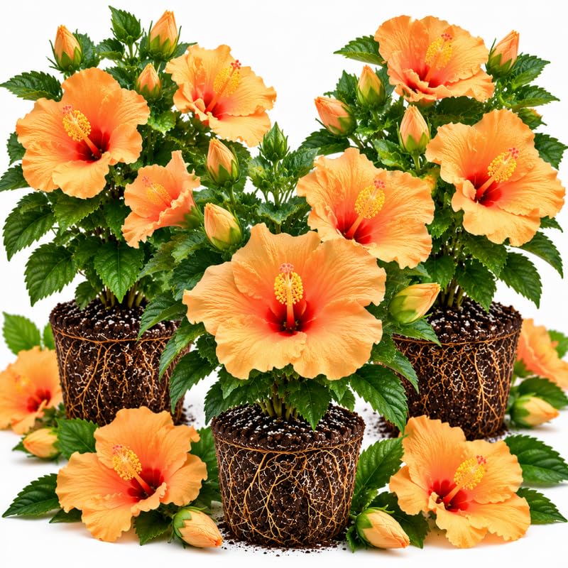 3 Hardy Hibiscus Live Plants, Flowering Shrub, Golden Orange Blooms, 4-7"