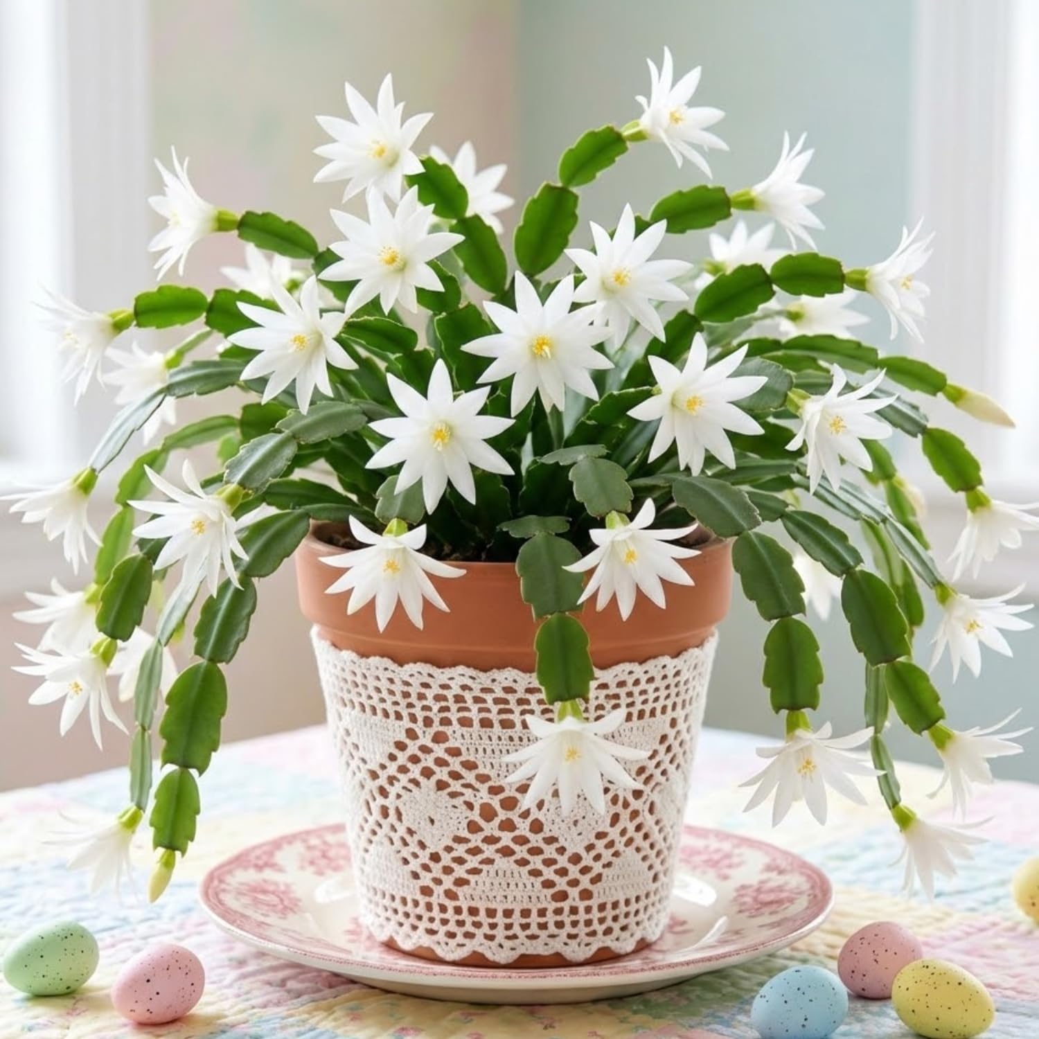 Easter Cactus Plants Live, Spring Bloom, Cold Hardy, 5-9" in Tall, No Pot, Starter Holiday Cactus Plant for Indoor Outdoor Houseplants (White)