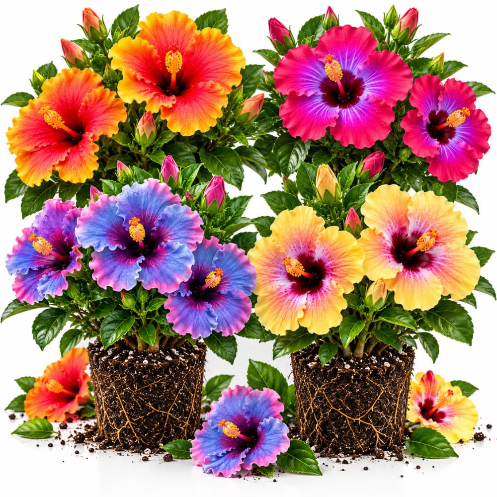 4 Hardy Hibiscus Live Plants, Flowering Shrub, Multicolor Blooms, 4-7" Tall
