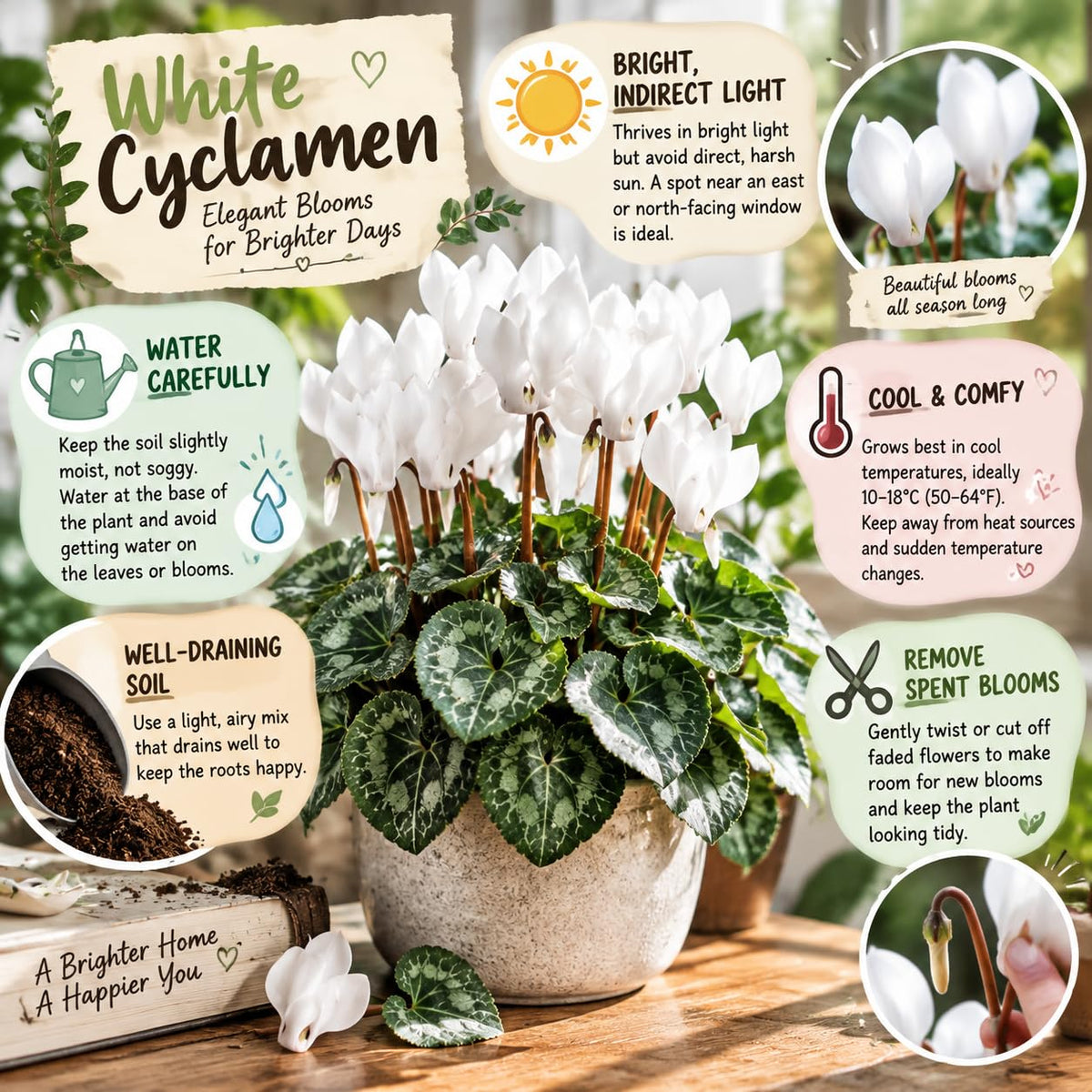 White Cyclamen Plant Live, Flowering Houseplant, 4" Pot