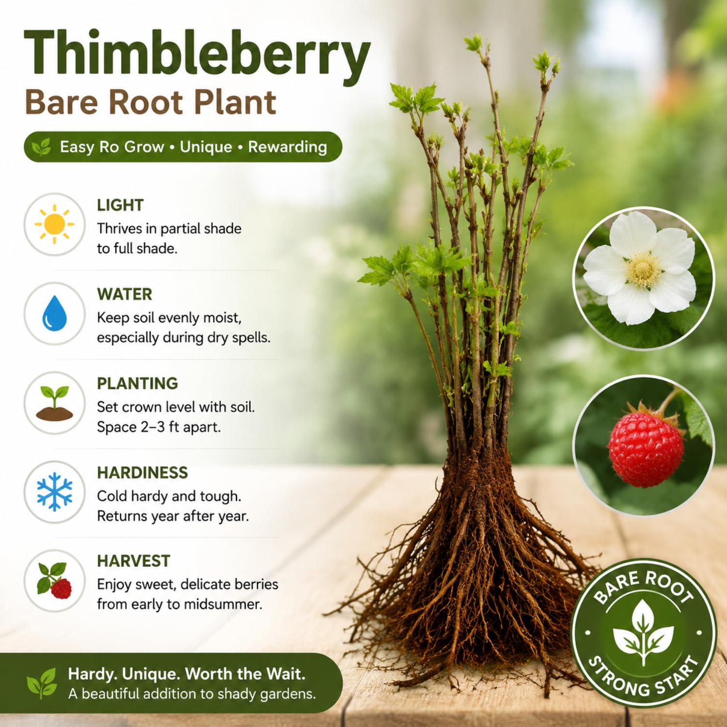Thimbleberry Raspberry Plant, Sweet Raspberry Bush Live Plant, 6-12'' Heights, Raspberries Fruit Well Rooted for Outdoor Planting
