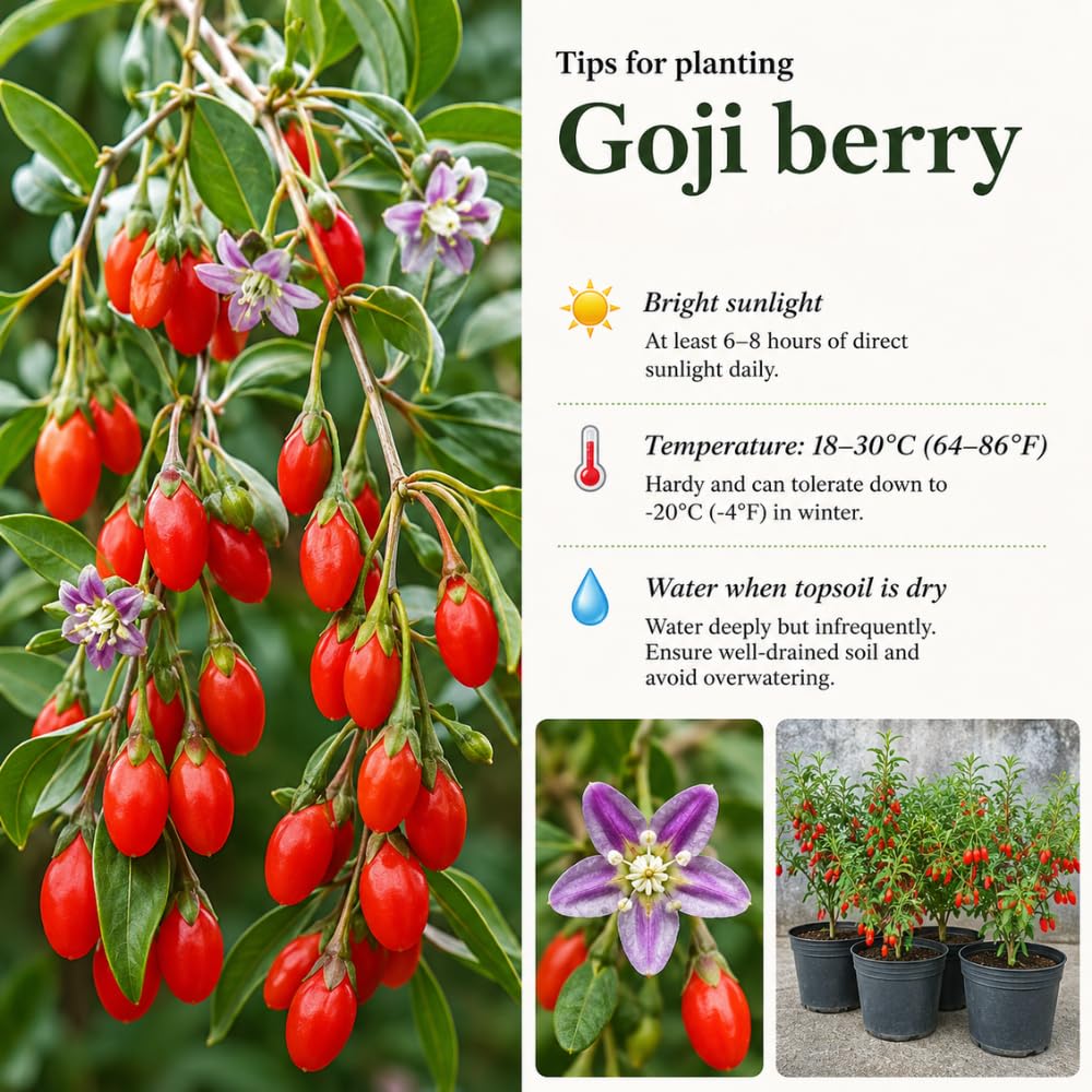 Live Goji Berry Plant, Sweet Goji Berry Plants, 4-6 Inches Tall, Edible Berry Shrub for Backyard Gardens, Patios and Home Growing