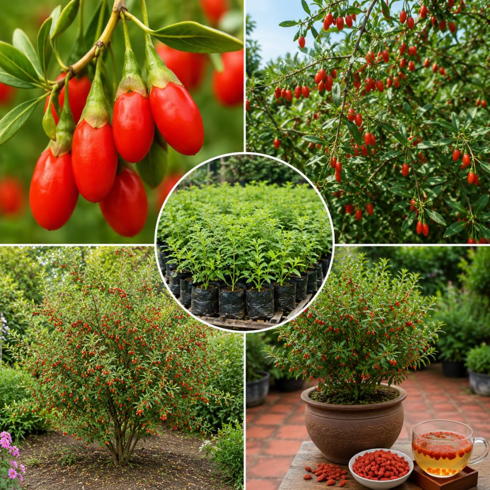 Goji Berry Live Plant, Red Goji Berry Seedling Well Rooted from 4-6 Inches Tall, Fruit Bearing Shrub for Outdoor Garden