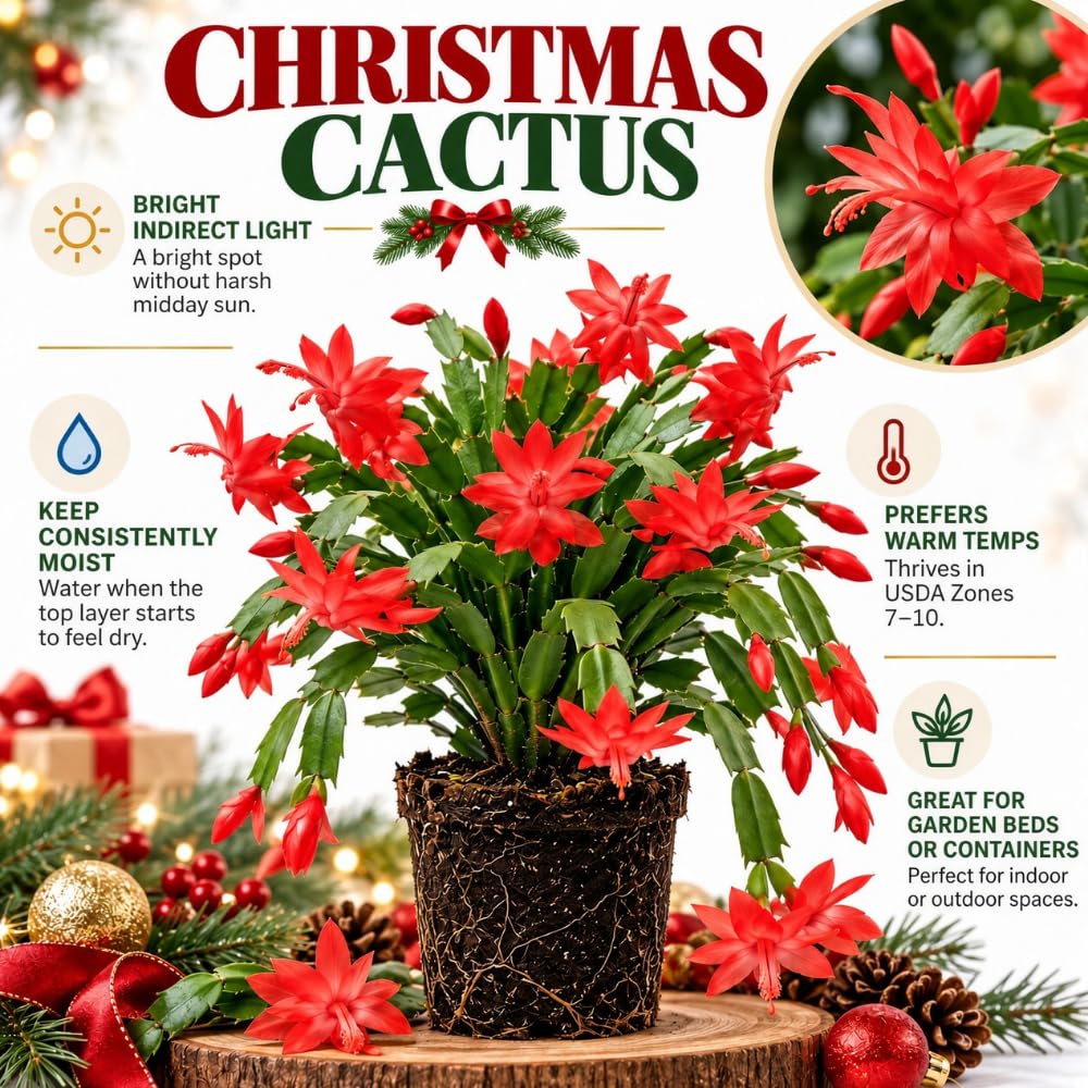 2PPP Red Christmas Cactus Live Plant, Holiday Flowering, 3 Inches Pot