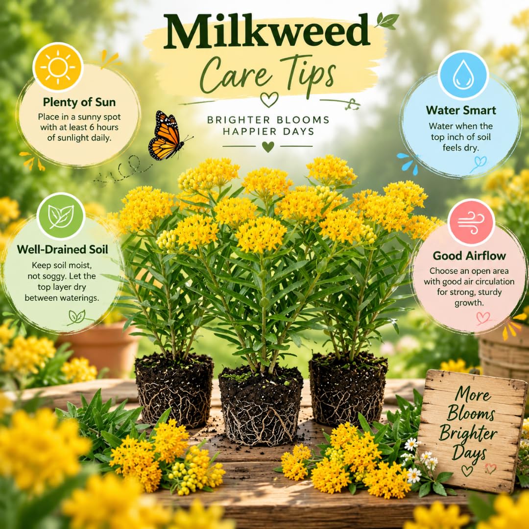 3 Yellow Milkweed Plant Live, Asclepias Tuberosa Butterfly Bush, 4-8"
