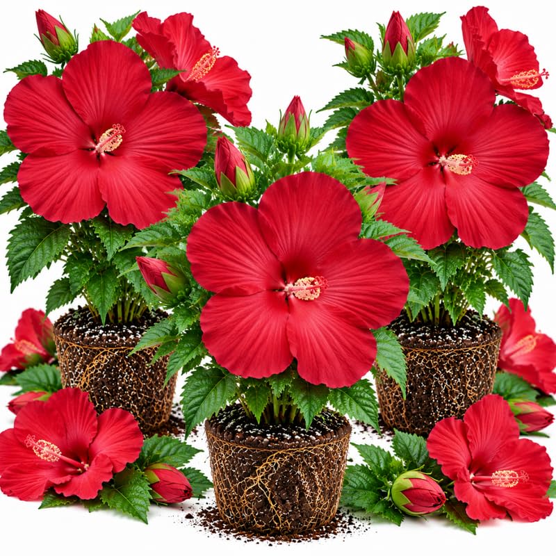 3 Hardy Hibiscus Live Plants, Flowering Shrub, Deep Red Blooms, 4-7"
