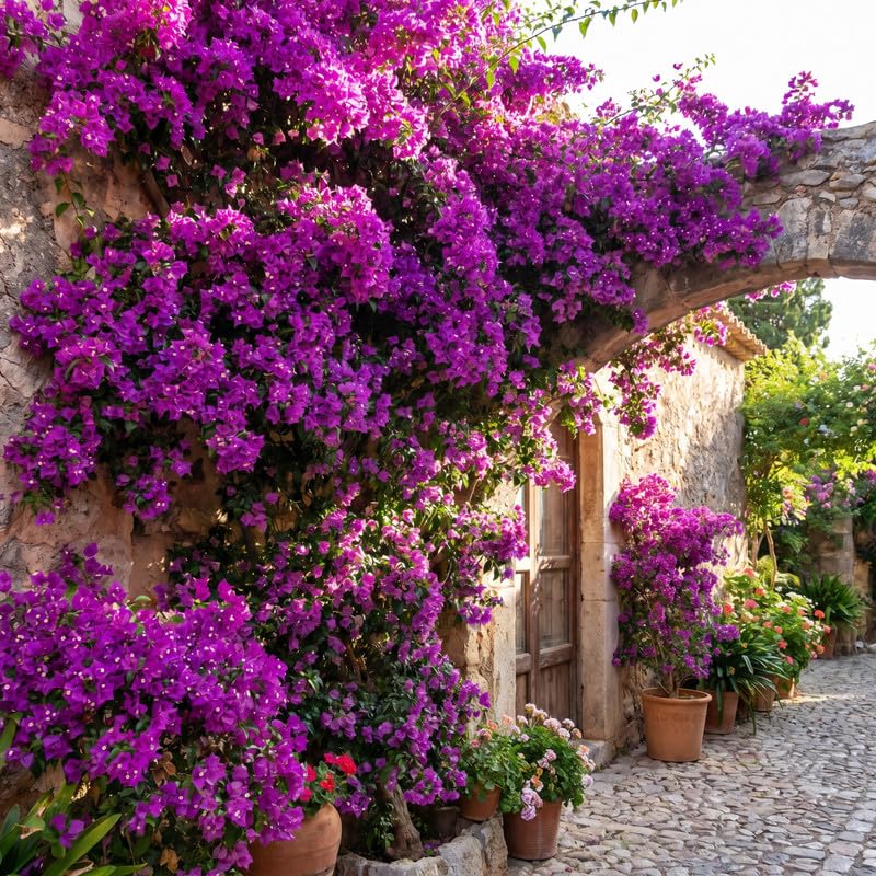 Set 2 Bright Purple Bougainvillea Live Plants 4-7 Inches Tall, Vibrant Bumgainvillea Flowering Vines for Garden, Patio Containers and Indoor Growing
