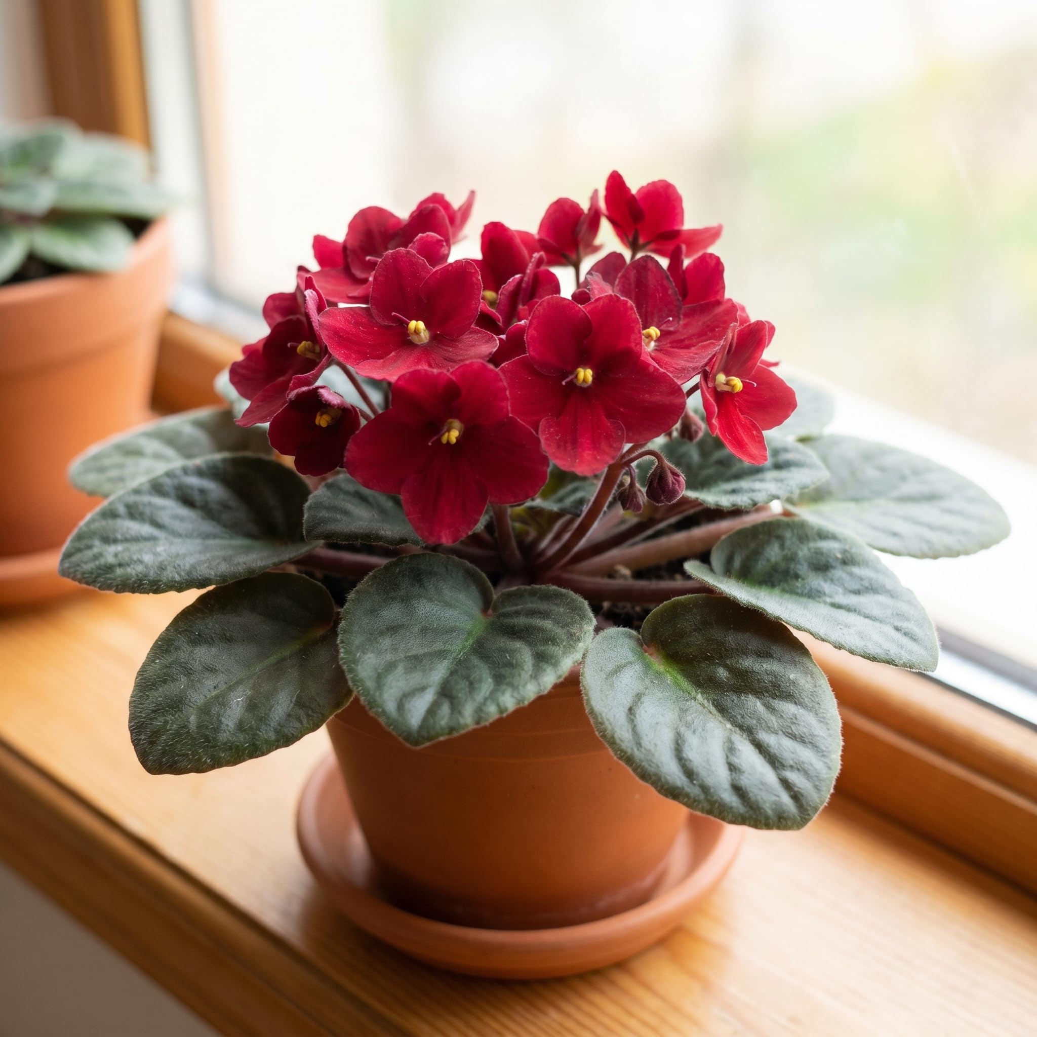 African Violet Plant Live in 4 Inch Pot, Indoor Flowering Houseplant, Compact Blooming Plant for Home or Office (Red Blooms)
