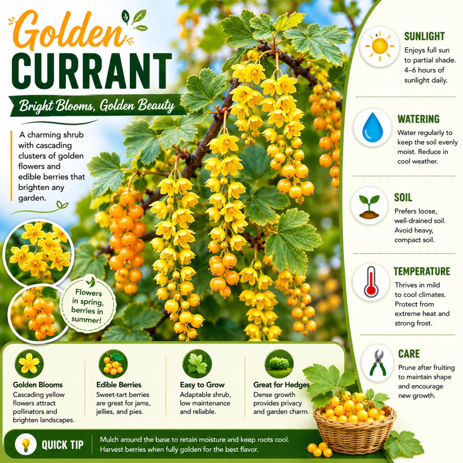 Live Golden Currant Plant, Currant Bush Live Plant, 1 Year Old, 6-12 Inc, Currant Berry Fruit Tree for Containers, Patio