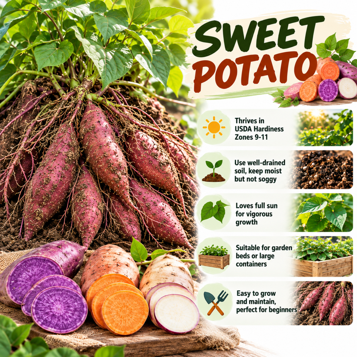 Sweet Potato Live Plant for Outdoor Planting, 4-7'' Tall, Root Vegetable for Home Gardens and Farm Growing, Sweet Potato Starts for Garden Beds and Raised Beds, Warm Season Vegetable for Sunny Locations